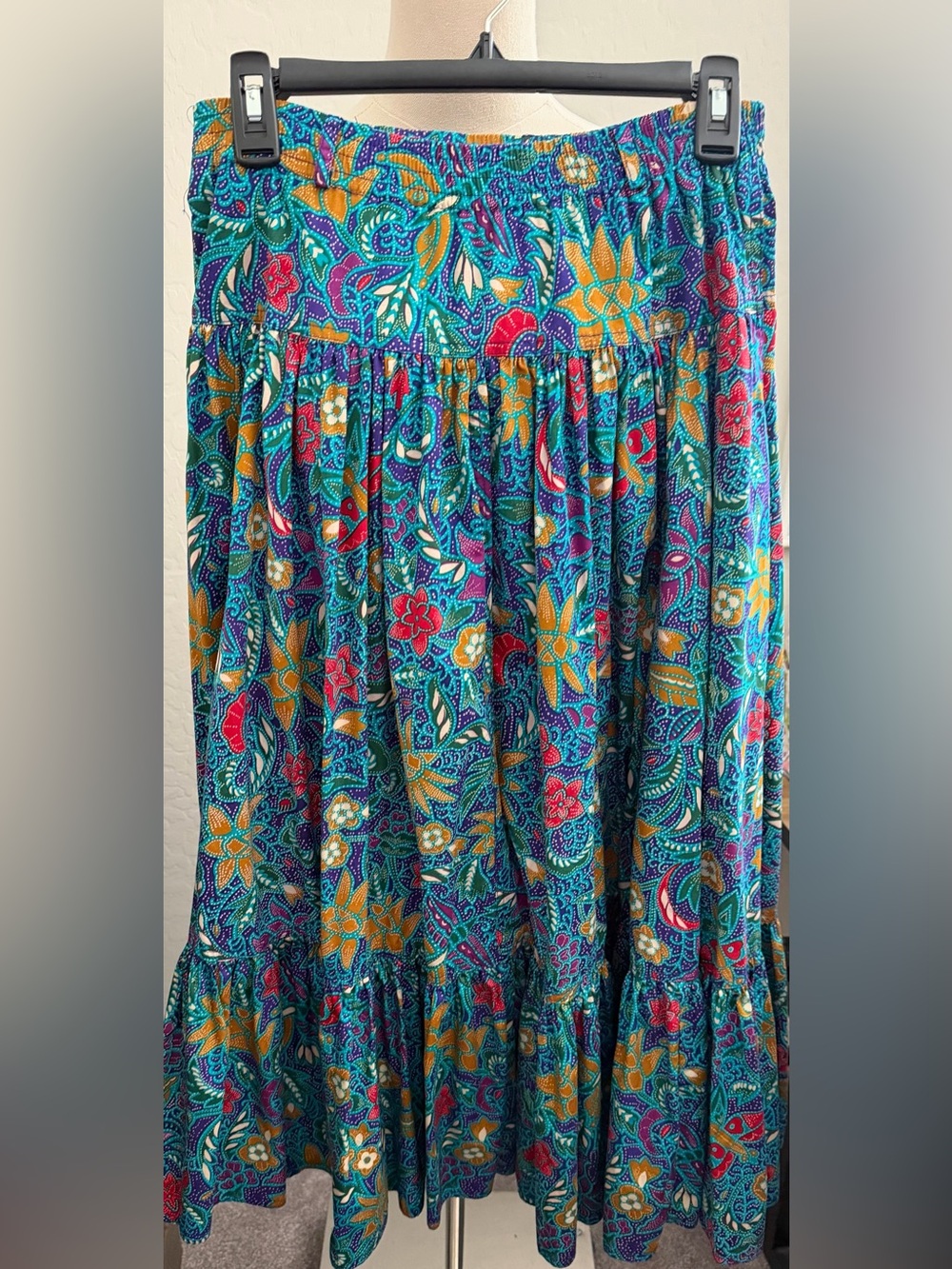 Bechamel Teal Floral Tiered Maxi Skirt with Yellow & Pink Accents